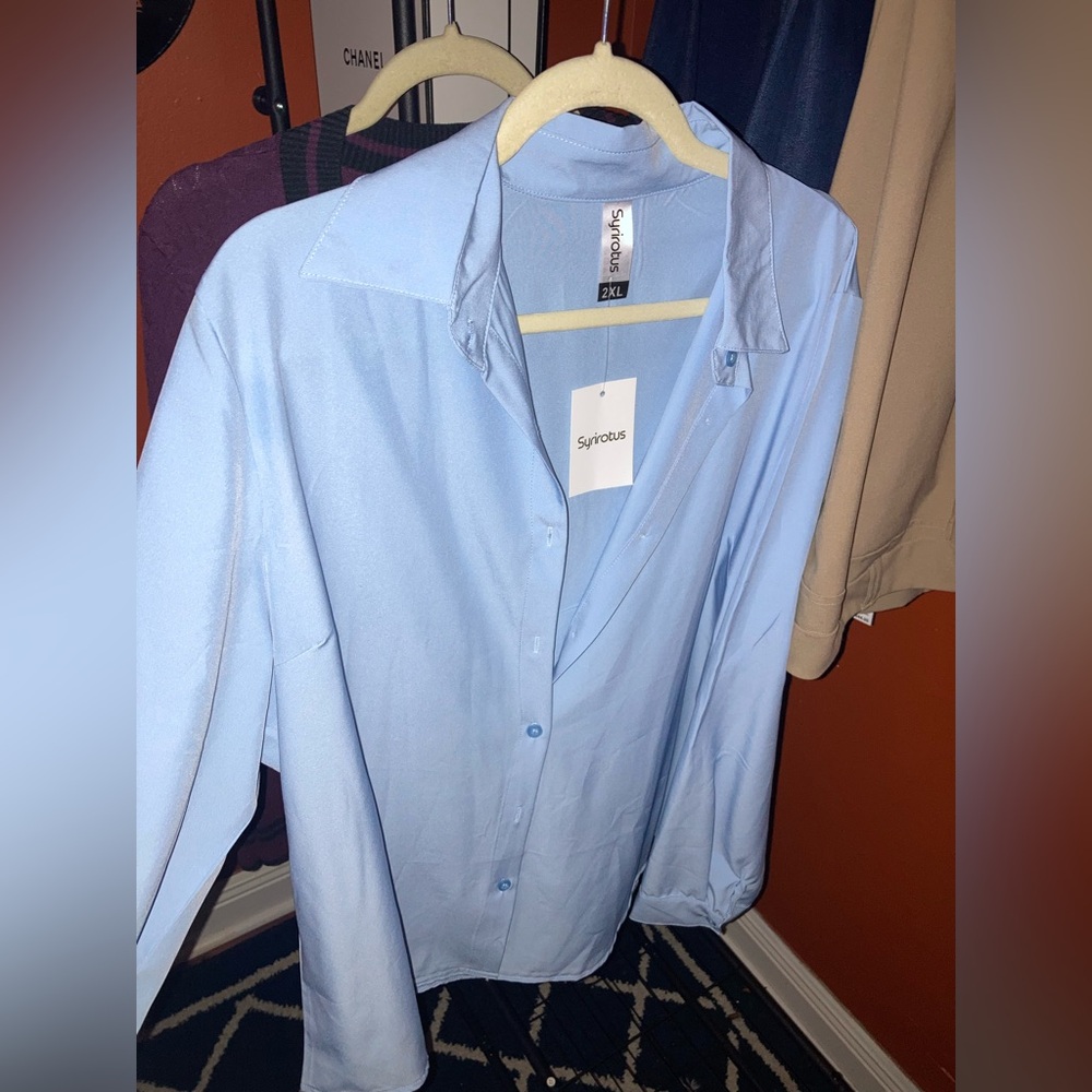Blue Button Down Shirt Stretchy Long Sleeve Basic, Work, Formal, Casual Blouse